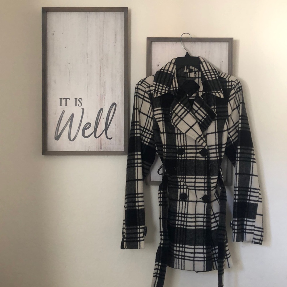 Black and White Plaid Trench Coat